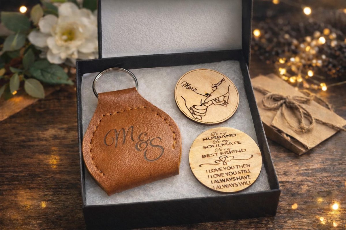 Personalized Leather Keychain & Double-Sided Wooden Coin Gift Set