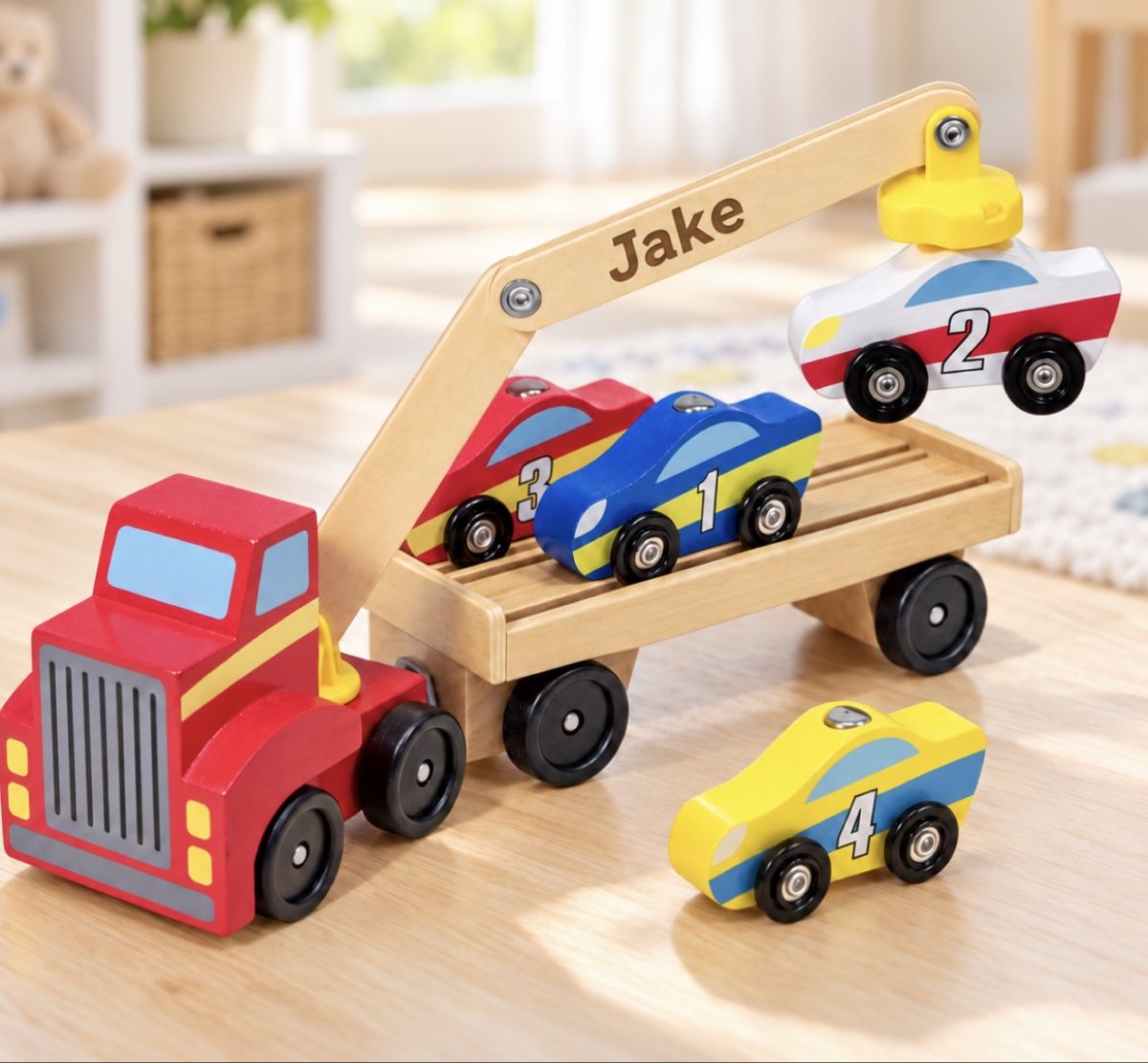 Personalized Wooden Toy Car Carrier Truck – Custom Name Engraved Crane, 4 Race Cars Included