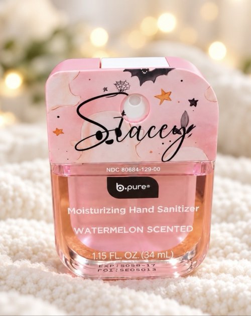 Personalized Halloween Hand Sanitizer Spray – Custom Name Top, Watermelon Scented Pink Spooky Gift