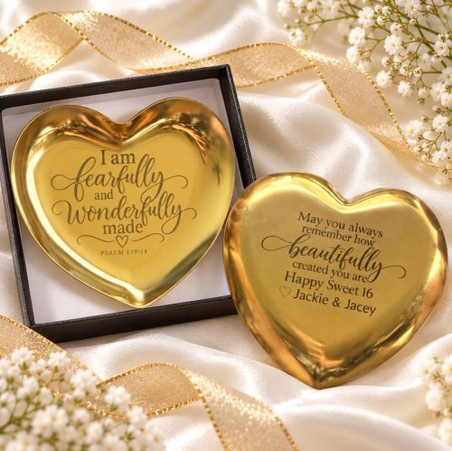 Personalized Gold Heart Trinket Dish, Custom Engraved Ring Dish and Jewelry Dish, Gift for Her, Sweet 16 Gift, Confirmation Gift, Bible Verse Gift